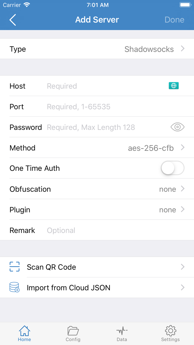 Shadowrocket Add Server 화면: Type, Host, Port, Password, Method 및 하단 가져오기 메뉴