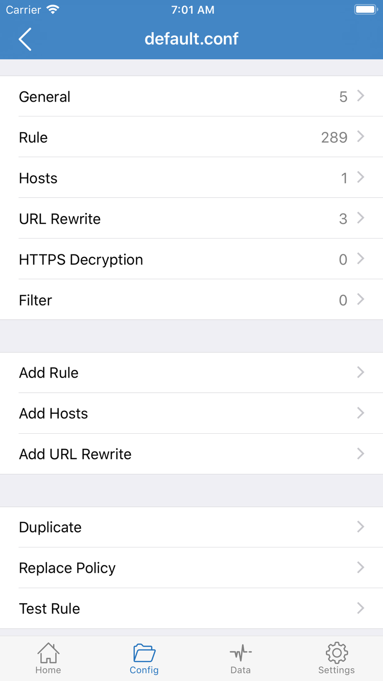 Shadowrocket Config 편집 화면: General, Rule, Hosts, URL Rewrite, HTTPS Decryption 섹션 및 Add Rule 표시