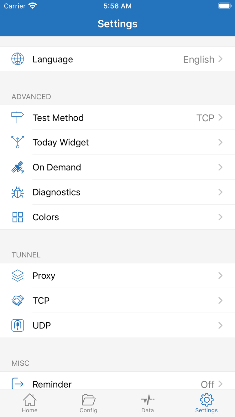 Shadowrocket Settings 화면: Language, Test Method, Today Widget, On Demand, Diagnostics, Proxy, TCP, UDP 표시